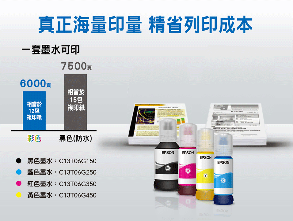 一瓶黑色墨水598元黑白列印量最高可達7500張 C13T06G150 C13T06G250 C13T06G350 C13T06G450